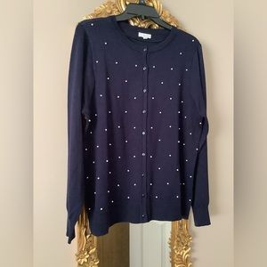 W LANE Blue Navy With White Pearls Cardigan Sweater Career Size L New.